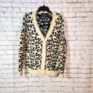 POL Cheetah Print V-Neck Button Up Long Sleeve Sweater/Cartigan Womens Medium